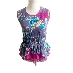 Y2K Peplum Top Butterfly Floral Embroidered Lace Size Large Purple Pink Cotton